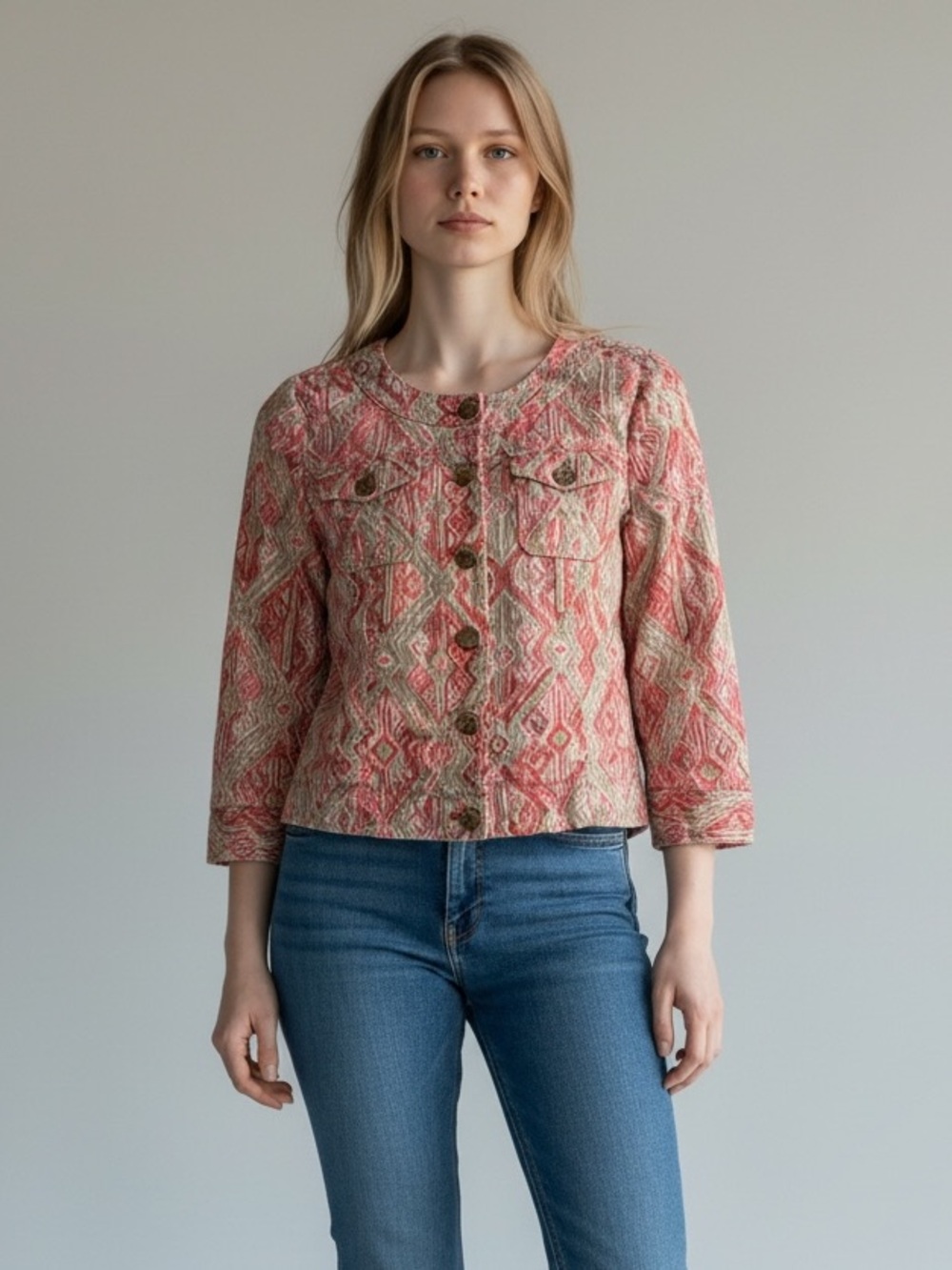 Charter Club Jacket Womens Large Pink Tan Linen Aztec Southwest Print Button Up